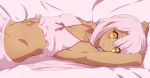  1girl :&gt; arm_behind_head arm_up armpits breasts camisole chloe_von_einzbern cowboy_shot dark_skin eyebrows_visible_through_hair fate/kaleid_liner_prisma_illya fate_(series) groin hand_on_own_stomach looking_at_viewer lowleg lowleg_pants lying midriff navel on_back pants pink_hair small_breasts solo sonri tattoo underwear underwear_only yellow_eyes 