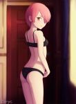  1girl artist_name ass black_bra black_panties blurry blurry_background bra breasts closed_mouth commentary depth_of_field from_behind frown hair_over_one_eye highres indoors looking_at_viewer looking_back panties pink_eyes pink_hair ram_(re:zero) re:zero_kara_hajimeru_isekai_seikatsu short_hair small_breasts solo standing underwear underwear_only zoryc 