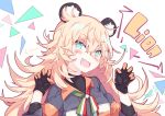  1girl :d animal_ears artist_name bangs black_gloves blonde_hair bodysuit eyebrows_visible_through_hair girls_frontline gloves green_eyes hair_between_eyes hands_up highres jacket lion_ears litsvn long_hair looking_at_viewer messy_hair open_mouth s.a.t.8_(girls_frontline) signature simple_background smile solo tsurime upper_body wavy_mouth white_background 