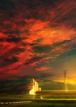  1boy bicycle building clouds cloudy_sky commentary_request factory ground_vehicle highres mks mountain original power_lines red_sky riding riding_bike river riverbank road scenery sky solo sunlight sunset transmission_tower 