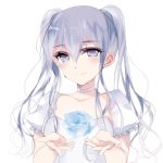  1girl absurdres blue_eyes blue_flower choker dress grey_hair highres long_hair misteor smile twintails white_background 