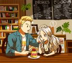  ! 1boy 1girl ^_^ alternate_costume animated animated_gif blonde_hair blue_eyes boku_no_hero_academia book bookshelf cafe cake casual chair closed_eyes coffee eri_(boku_no_hero_academia) floral_print food fork_in_mouth fruit hand_on_another&#039;s_head happy heart horn indoors long_hair menu menu_board mon-doodles orange_eyes petting plant ponytail pot smile strawberry thought_bubble toogata_mirio wooden_table 