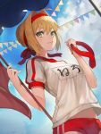  10s 1girl absurdres artist_name breasts buruma closed_mouth clothes_writing clouds cloudy_sky dutch_angle eyelashes fate/extra fate_(series) flag from_below green_eyes gym_uniform hair_between_eyes hair_intakes hair_ribbon highres holding_flag jam_(nandade) lips looking_at_viewer looking_down medal medium_breasts name_tag outdoors pennant red_ribbon ribbon saber_extra shirt short_hair short_sleeves sky smile solo string_of_flags upper_body white_shirt 