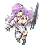 1girl amania_orz angry blue_eyes blush breasts choujigen_game_neptune cleavage elbow_gloves fighting_stance full_body gloves hair_ornament long_hair looking_at_viewer medium_breasts nepgear neptune_(series) open_mouth pink_hair purple_sister simple_background sword weapon white_background 