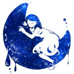  1girl animal_ears bare_arms blue closed_mouth commentary_request crescent_moon dress long_hair lying mochi_(fayo) monochrome moon on_stomach original simple_background sleeping solo starry_sky_print white_background 