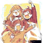  &gt;_&lt; 1boy 2girls :3 blush clenched_hand duo_chromatic hood hoodie idolmaster idolmaster_cinderella_girls idolmaster_side-m long_hair moroboshi_kirari multiple_girls name_tag outstretched_arms suzuki_yui sweatshirt takatsuki_yayoi tendou_teru twintails 