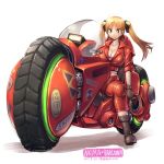  akira amania_orz bakuon!! blonde_hair bodysuit boots breasts cleavage collar ground_vehicle large_breasts long_hair looking_at_viewer motor_vehicle motorcycle open_clothes red_eyes simple_background sitting smile suzunoki_rin twintails vehicle white_background 