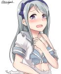  10s 1girl absurdres asymmetrical_bangs bangs blush bra covering covering_breasts grey_bra hairband highres kantai_collection kiritto long_hair looking_at_viewer open_mouth purple_hairband sagiri_(kantai_collection) sailor_collar school_uniform serafuku short_sleeves silver_hair simple_background solo swept_bangs torn_clothes twitter_username underwear upper_body violet_eyes white_background 