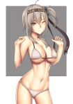  10s 1girl arciealbano bikini breasts clothes_writing hachimaki hair_between_eyes headband highres kantai_collection large_breasts navel one_eye_closed one_side_up silver_hair smile solo suzutsuki_(kantai_collection) swimsuit white_bikini yellow_eyes 