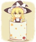  1girl :o blush blush_stickers braid commentary cup food_print hat in_container in_cup kirisame_marisa long_hair looking_at_viewer minigirl mushroom_print riza_dxun side_braid single_braid solo star star_print touhou turtleneck wavy_hair witch_hat 