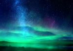  1boy aurora bence commentary from_behind horizon lake milky_way mks night night_sky original outdoors scenery sitting sky star_(sky) starry_sky water_surface 