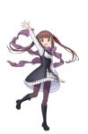  1girl :d arm_up black_footwear boots breasts brown_eyes brown_hair cross-laced_footwear full_body hair_ornament highres kisaragi_(princess_principal) long_hair looking_at_viewer official_art open_mouth princess_principal princess_principal_game_of_mission purple_legwear purple_scarf scarf school_uniform skirt small_breasts smile standing standing_on_one_leg twintails white_skirt 