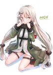  1girl bangs black_scarf black_shorts blush breath character_name coat eyebrows_visible_through_hair girls_frontline hair_between_eyes hair_ornament hairclip hakuya_(white_night) holster long_hair looking_at_viewer low_twintails mg4_(girls_frontline) open_clothes open_coat parted_lips scarf shirt shorts simple_background sitting solo thigh_holster thigh_strap tsurime twintails very_long_hair wariza white_background white_shirt 