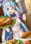  1girl :d alternate_costume ame. apron aqua_(konosuba) blue_eyes blue_hair breasts chicken_(food) cup drinking_glass enmaided food holding holding_drinking_glass holding_food indoors kono_subarashii_sekai_ni_shukufuku_wo! long_hair looking_at_viewer maid maid_apron maid_headdress medium_breasts open_mouth short_sleeves smile solo table 