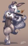  1girl 2017 absol absurdres alcohol animal_ears artist_name black_bow black_legwear black_leotard black_neckwear bow bowtie brown_background brown_eyes bunnysuit chestnut_mouth claws cocktail_glass covered_navel cup dated drinking_glass eyebrows_visible_through_hair food fruit full_body furry glass grey_hair grey_skin highres horn lemon lemon_slice leotard long_hair number pantyhose pokemon rabbit_ears silhouette solo standing standing_on_one_leg sweatdrop thigh_strap tray very_long_hair white_hair wrist_cuffs zinfyu 