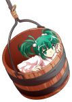  1girl alphes_(style) bangs bucket closed_mouth dairi eyebrows eyebrows_visible_through_hair full_body green_eyes green_hair hair_bobbles hair_ornament in_bucket in_container japanese_clothes kimono kisume long_sleeves parody short_hair simple_background smile solo style_parody tachi-e touhou transparent_background twintails white_kimono wooden_bucket 