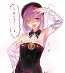  1girl ;d bare_shoulders beret blush detached_sleeves fafas68 fate/grand_order fate_(series) flat_chest hand_on_hip hat helena_blavatsky_(fate/grand_order) looking_at_viewer one_eye_closed open_mouth purple_hair simple_background smile solo sweat teeth violet_eyes white_background 