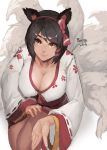  1girl ahri alternate_costume animal_ears black_hair breasts brown_eyes cleavage eyebrows fox_ears fox_tail highres large_breasts league_of_legends lips looking_at_viewer multiple_tails nose short_hair sky_of_morika smile solo tail thighs 