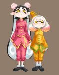  2girls alternate_costume aori_(splatoon) arms_at_sides black_hair blush brown_background chinese_clothes closed_mouth domino_mask double_bun eyebrows full_body hair_ornament hime_(splatoon) jacket long_hair long_sleeves looking_at_viewer m10shangrila mask mole mole_under_eye mole_under_mouth multiple_girls pants pointy_ears short_eyebrows short_hair simple_background sketch smile splatoon splatoon_2 standing tentacle_hair twintails very_long_hair white_hair yellow_eyes 