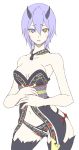  1girl alternate_costume bare_shoulders black_legwear blue_hair collarbone commentary_request contrapposto cowboy_shot demon_horns eyebrows_visible_through_hair hands_together heterochromia horns io_euclase jewelry looking_at_viewer navel necklace phantasy_star phantasy_star_online_2 short_hair side-tie_costume standing strapless thigh-highs white_background 