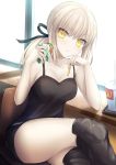  1girl :t arm_support artoria_pendragon_(all) bare_arms bare_shoulders black_legwear black_ribbon blonde_hair blush brand_name_imitation breasts chair cleavage closed_mouth collarbone cup drinking_straw eating eyebrows_visible_through_hair fate/grand_order fate_(series) food hair_ribbon hamburger holding holding_food indoors leaning_to_the_side legs_crossed long_hair low_ponytail medium_breasts ponytail ribbon saber_alter sidelocks sitting sleeveless solo taiki_ken tank_top thigh-highs thighs v-shaped_eyebrows window windowsill wrapper yellow_eyes 