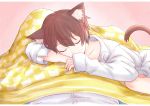  1boy absurdres an_xiaoyan animal_ears brown_hair cat_ears cat_tail highres male_focus original pov shirt sleeping tail 