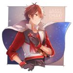  10s 1boy black_gloves brown_hair cape closed_mouth commentary_request cropped_legs dated ensemble_stars! gloves hair_between_eyes happy_birthday highres jacket looking_afar looking_away male_focus morisawa_chiaki red_eyes red_jacket smile solo standing star starry_sky_print tama_(songe) 