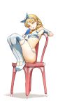  1girl blonde_hair blue_eyes bow chair drill_hair earrings food hair_bow hairband highres jewelry looking_at_viewer open_mouth original popsicle simple_background solo thigh-highs tim_loechner tongue tongue_out white_background 