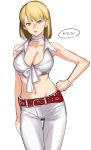  1girl bare_shoulders belt blonde_hair bob_cut bracelet breasts brown_eyes choker cleavage collared_shirt copyright_request cowboy_shot hand_on_hip highres jewelry large_breasts looking_at_viewer midriff navel pants parted_lips shirt short_hair simple_background solo sweatdrop tetsu_(kimuchi) thigh_gap tied_shirt translation_request white_background white_pants white_shirt 