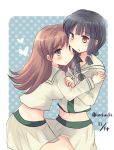  2girls bangs black_hair blue_background blunt_bangs braid brown_eyes brown_hair cowboy_shot dated hair_over_shoulder hirune_(konekonelkk) hug kantai_collection kitakami_(kantai_collection) long_hair midriff multiple_girls ooi_(kantai_collection) pleated_skirt polka_dot polka_dot_background school_uniform serafuku sidelocks single_braid skirt twitter_username white_skirt 