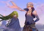  2boys abs androgynous bangs bare_shoulders blonde_hair blue_eyes blue_sky blurry blurry_background bracer cropped_jacket day depth_of_field enkidu_(fate/strange_fake) fate/grand_order fate_(series) faulds gem gilgamesh gilgamesh_(caster)_(fate) hair_between_eyes hand_on_hip horns jacket jacky5493 jewelry long_hair looking_at_viewer male_focus multiple_boys open_clothes open_jacket outdoors red_eyes robe shirtless sky standing turban 