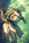  1girl ahoge animal_ears archer_of_red ass bent_over black_legwear blonde_hair cat_ears cat_tail cowboy_shot dress fate/apocrypha fate_(series) from_behind garter_straps gauntlets green_dress green_eyes green_hair highres long_hair looking_at_viewer looking_back melon22 multicolored_hair no_panties solo tail thigh-highs two-tone_hair 