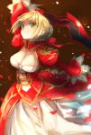  10s 1girl aestus_estus ahoge bangs blonde_hair breasts cleavage dress epaulettes fate/extra fate_(series) green_eyes hair_intakes hair_ribbon highres holding holding_sword holding_weapon looking_at_viewer medium_breasts red_dress ribbon saber_extra simple_background smile sword weapon yumeichigo_alice 