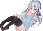  1girl absurdres alternate_costume bare_shoulders black_legwear blue_eyes blue_sweater blush collarbone full_body heart hibiki_(kantai_collection) highres kantai_collection looking_at_viewer mochi_nabe off-shoulder_sweater silver_hair simple_background solo sweater thigh-highs white_background 