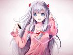  1girl :d blue_eyes eromanga_sensei eyebrows_visible_through_hair grey_background hair_ribbon hand_in_hair heart holding holding_pen izumi_sagiri long_hair looking_at_viewer neck_ribbon open_mouth pink_shirt red_ribbon ribbon shiroi_sange shirt silver_hair smile solo very_long_hair 