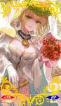  10s 1girl absurdres ahoge bdsm blonde_hair blush bouquet breasts card_(medium) chains elbow_gloves eyebrows_visible_through_hair fate/extra fate/extra_ccc fate_(series) flower gloves green_eyes highres holding holding_bouquet large_breasts looking_at_viewer parted_lips qidai saber_bride saber_extra short_hair smile solo white_gloves 