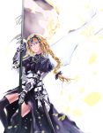  1girl armor armored_dress banner black_dress black_legwear black_ribbon blonde_hair blue_eyes braid dress fate/grand_order fate_(series) gauntlets hair_between_eyes hair_ribbon holding holding_weapon long_hair looking_at_viewer low-tied_long_hair ribbon ruler_(fate/apocrypha) sheath sheathed single_braid solo sword tanikku thigh-highs weapon white_background 