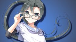  &gt;:) 10s 1girl amagiri_(kantai_collection) black_hair blue_background blue_sailor_collar glasses grey-framed_eyewear grey_eyes hair_between_eyes highres imachireki kantai_collection long_hair ponytail sailor_collar school_uniform serafuku short_sleeves smile solo very_long_hair 