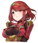  1girl blush breasts hair_ornament pyra_(xenoblade) large_breasts looking_at_viewer red_eyes redhead seinen short_hair sidelocks simple_background solo tiara white_background xenoblade xenoblade_2 