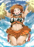  1girl adahcm armpits blue_sky blush blush_stickers boku_no_hero_academia breasts brown_eyes brown_hair cheerleader clouds cloudy_sky collarbone crop_top day full_body highres large_breasts looking_at_viewer midriff navel open_mouth pleated_skirt pom_poms short_hair skirt sky smile solo uraraka_ochako 
