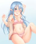  +_+ 1girl ;d absurdres arm_behind_head bikini blue_hair blush braid breasts fairy highres hood hoodie leg_up long_hair looking_at_viewer medium_breasts navel one_eye_closed open_clothes open_hoodie open_mouth pink_bikini pointy_ears smile solo swimsuit very_long_hair zhaofeng_yinyue 
