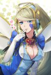  1girl blonde_hair blue_dress blue_eyes breasts cleavage cleavage_cutout dress duel_monster elbow_gloves facial_mark finger_to_mouth gloves hair_ornament heart highres hsin long_hair looking_at_viewer parted_lips puffy_short_sleeves puffy_sleeves short_sleeves smile solo trickstar_holy_angel upper_body very_long_hair white_gloves wings yu-gi-oh! yuu-gi-ou_vrains 