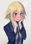  1girl bangs blazer blonde_hair blush embarrassed fate/apocrypha fate_(series) formal hair_between_eyes hands_on_own_face heart holding holding_face jacket jeanne_d&#039;arc_(fate)_(all) looking_down necktie open_mouth ruler_(fate/apocrypha) solo upper_body violet_eyes walzrj wristband 