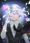 1other adjusting_hair black_neckwear black_vest blurry blurry_foreground breasts chinese_commentary chromatic_aberration commentary_request copyright_name diamond_(houseki_no_kuni) elbow_gloves eyelashes floating_necktie glint gloriak gloves hair_between_eyes hand_behind_head highres houseki_no_kuni large_breasts light_smile lipstick looking_at_viewer makeup mandarin_collar multicolored multicolored_eyelashes multicolored_eyes multicolored_hair multicolored_lipstick necktie one_eye_closed pixiv_id prism rainbow_eyes shards shiny shirt short_hair solo sparkle tareme vest white_shirt