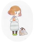  1girl ayu_(mog) bangs bird blush_stickers box chibi child commentary_request dress grey_background hair_ornament hairclip holding holding_box juice_box long_sleeves looking_at_another looking_down looking_up parted_bangs parted_lips penguin short_hair signature standing sweater sweater_dress 