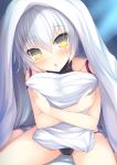  1girl :o assassin_of_black bangs bare_arms bare_legs bare_shoulders bed_sheet bikini bikini_bottom black_bikini blanket blush crossed_arms eyebrows_visible_through_hair facial_scar fate/grand_order fate_(series) hair_between_eyes head_tilt open_mouth pillow pillow_hug scar scar_across_eye short_hair shoulder_tattoo silver_hair sitting skindentation swimsuit taiki_ken tattoo under_covers wariza yellow_eyes 