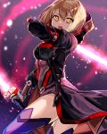  1girl artoria_pendragon_(all) blonde_hair dual_wielding fate/grand_order fate_(series) hair_between_eyes highres holding holding_sword holding_weapon hood kyota07 looking_at_viewer mysterious_heroine_x_(alter) open_mouth orange_eyes purple_legwear short_hair solo sword thigh-highs weapon 