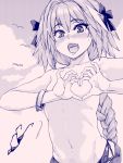  1boy :d arms_up bangle bikini bikini_top_removed bird bow bracelet braid clouds collarbone eyebrows_visible_through_hair fangs fate/grand_order fate_(series) hair_bow hair_intakes heart heart-shaped_boob_challenge heart_hands jewelry long_hair male_focus monochrome multicolored_hair navel open_mouth outdoors ozawa_reido pink rider_of_black shirtless side-tie_bikini signature single_braid sky smile solo stomach streaked_hair swimsuit upper_body very_long_hair wardrobe_malfunction 
