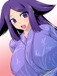  1girl blush breasts huge_breasts japanese_clothes kimono long_hair looking_at_viewer mushibugyou oharu_(mushibugyou) open_mouth purple_hair smile solo soushin_souma violet_eyes 