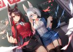  2girls adjusting_eyewear akagi_(azur_lane) alternate_costume animal_ears azur_lane bangs black_legwear blue_eyes blunt_bangs bow bowtie bracelet breasts brown_hair chalkboard chinese cleavage collar collarbone cowboy_shot dress_shirt facing_viewer fhalei fox_ears garter_straps glasses hair_tubes jewelry kaga_(azur_lane) large_breasts long_hair looking_at_viewer looking_away magic medium_breasts multiple_girls paper pencil_skirt pinstripe_pattern pointer red_eyes shirt short_hair silver_hair skirt sleeves_rolled_up smile standing striped thigh-highs very_long_hair 